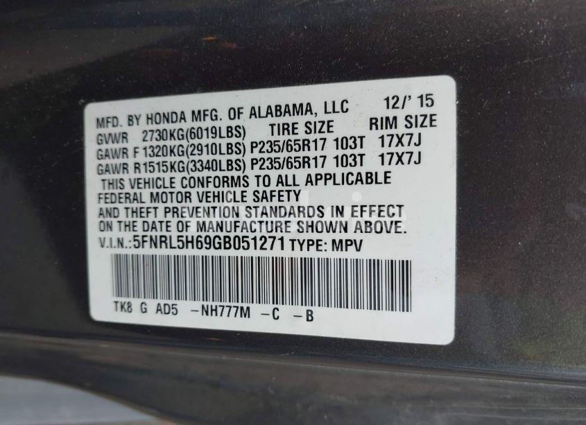 Photo 9 of 2016 Honda Odyssey EX-L (VIN 5FNRL5H69GB051271)