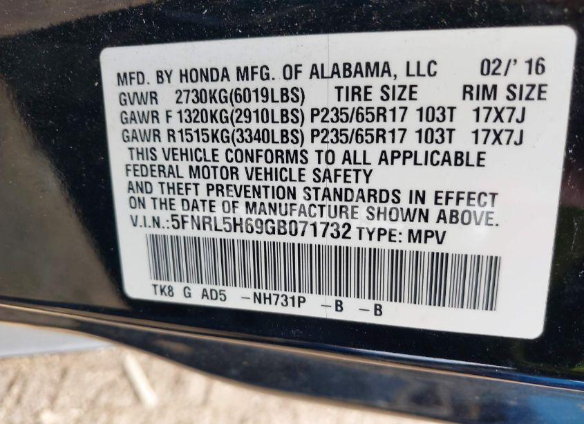 Photo 9 of 2016 Honda Odyssey EX-L (VIN 5FNRL5H69GB071732)