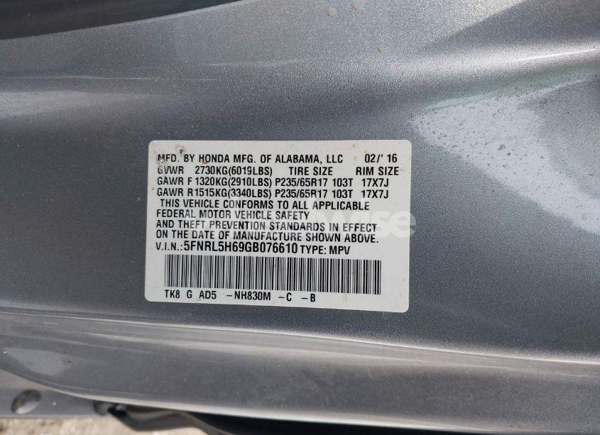 Photo 9 of 2016 Honda Odyssey EX-L (VIN 5FNRL5H69GB076610)