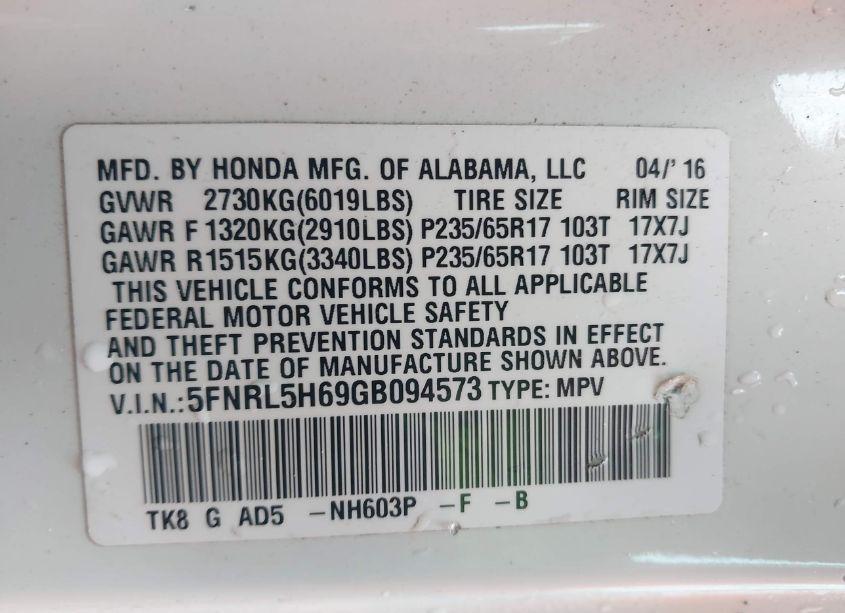 Photo 9 of 2016 Honda Odyssey EX-L (VIN 5FNRL5H69GB094573)