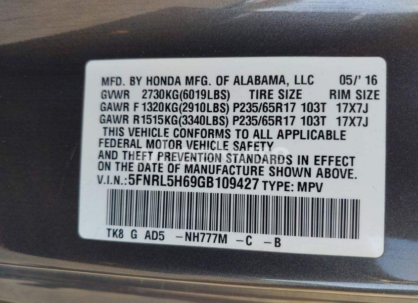 Photo 9 of 2016 Honda Odyssey EX-L (VIN 5FNRL5H69GB109427)