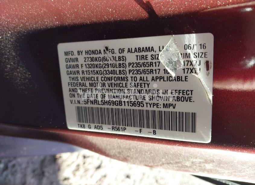 Photo 9 of 2016 Honda Odyssey EX-L (VIN 5FNRL5H69GB115695)