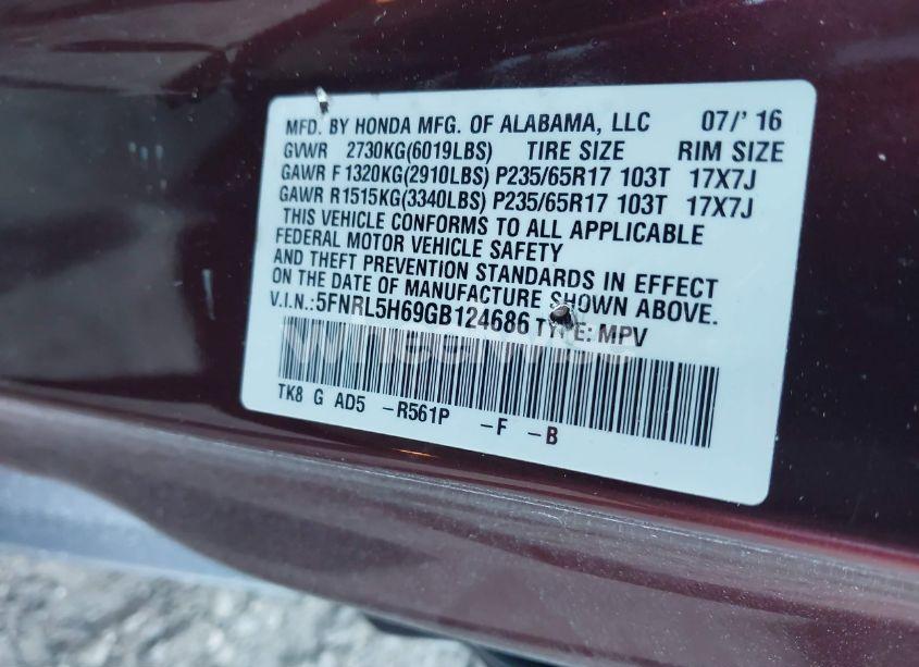 Photo 9 of 2016 Honda Odyssey EX-L (VIN 5FNRL5H69GB124686)