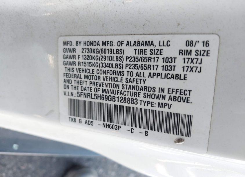 Photo 9 of 2016 Honda Odyssey EX-L (VIN 5FNRL5H69GB128883)