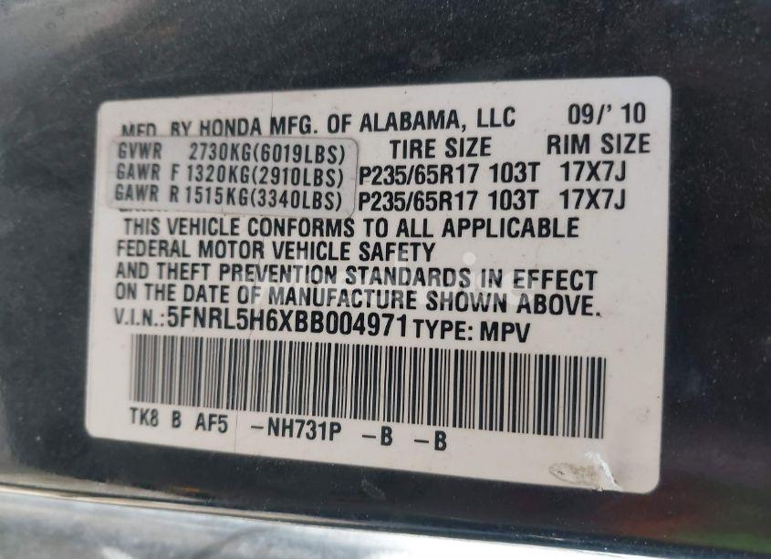 Photo 9 of 2011 Honda Odyssey EX-L (VIN 5FNRL5H6XBB004971)