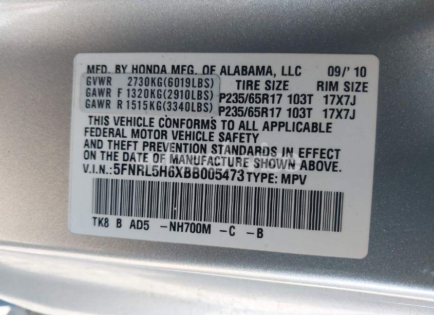 Photo 9 of 2011 Honda Odyssey EX-L (VIN 5FNRL5H6XBB005473)