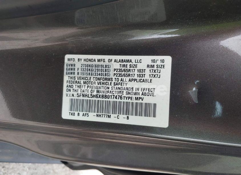 Photo 9 of 2011 Honda Odyssey EX-L (VIN 5FNRL5H6XBB017476)