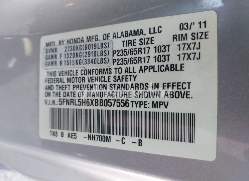 Photo 9 of 2011 Honda Odyssey EX-L (VIN 5FNRL5H6XBB057556)