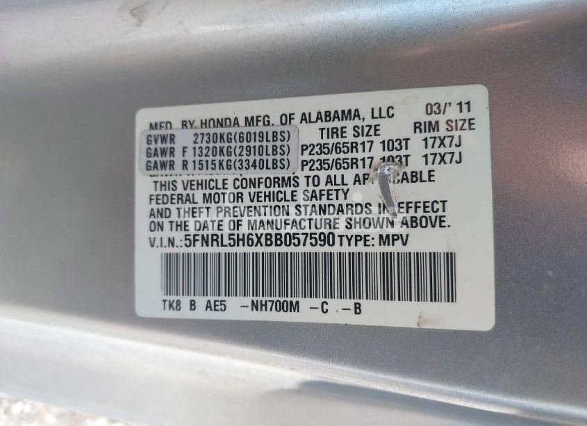 Photo 9 of 2011 Honda Odyssey EX-L (VIN 5FNRL5H6XBB057590)