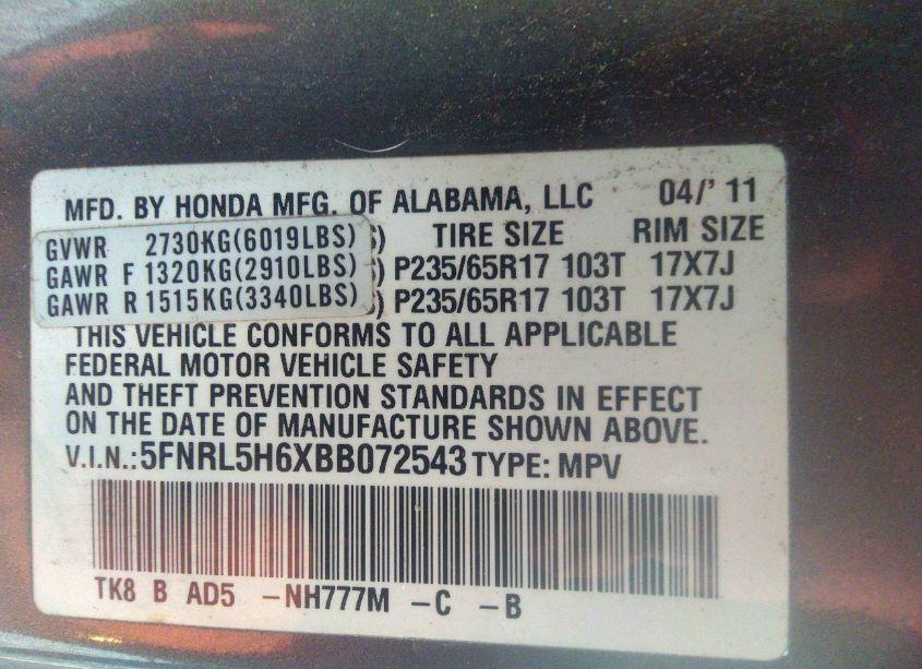 Photo 8 of 2011 Honda Odyssey EX-L (VIN 5FNRL5H6XBB072543)