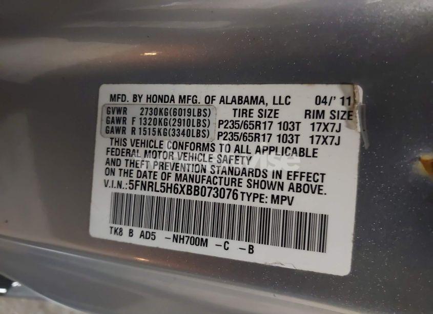 Photo 9 of 2011 Honda Odyssey EX-L (VIN 5FNRL5H6XBB073076)