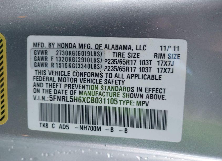 Photo 9 of 2012 Honda Odyssey EX-L (VIN 5FNRL5H6XCB031105)