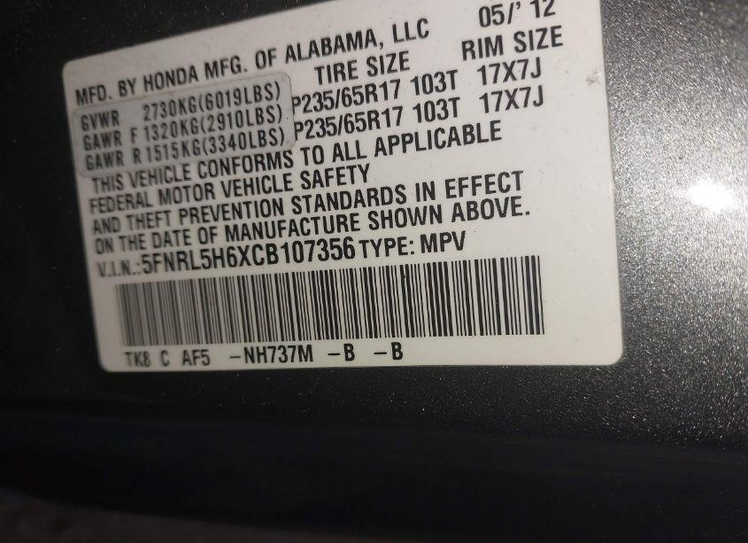 Photo 9 of 2012 Honda Odyssey EX-L (VIN 5FNRL5H6XCB107356)