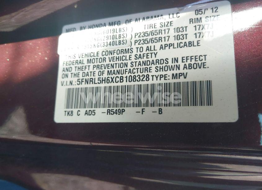 Photo 9 of 2012 Honda Odyssey EX-L (VIN 5FNRL5H6XCB108328)