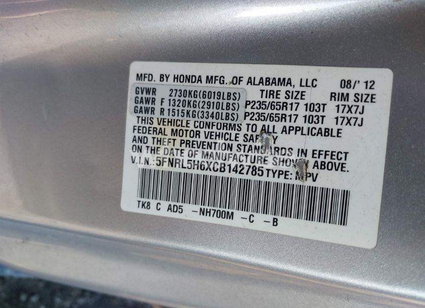 Photo 9 of 2012 Honda Odyssey EX-L (VIN 5FNRL5H6XCB142785)