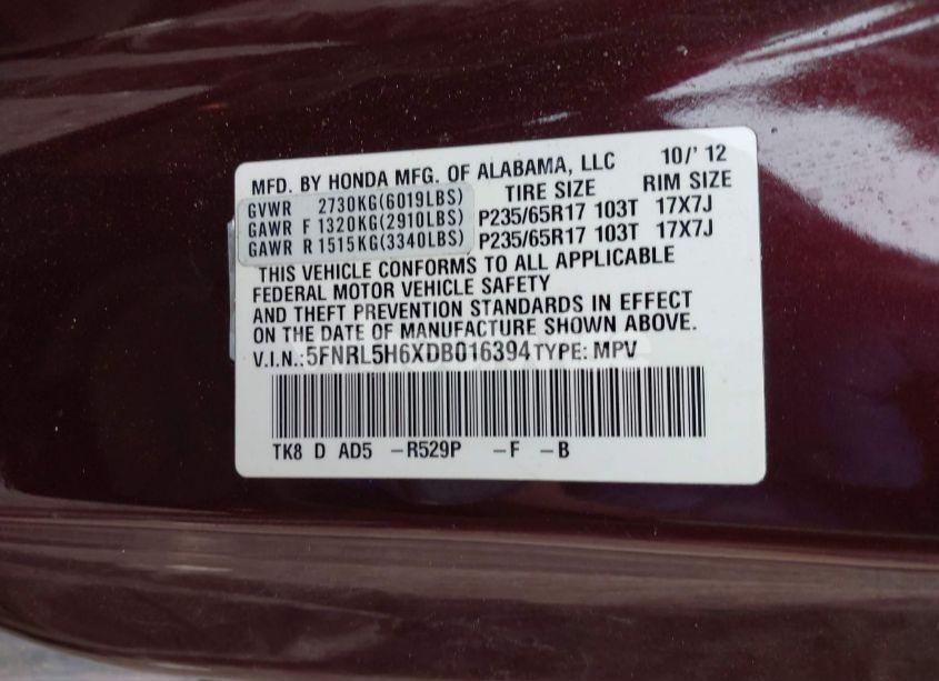 Photo 9 of 2013 Honda Odyssey EX-L (VIN 5FNRL5H6XDB016394)