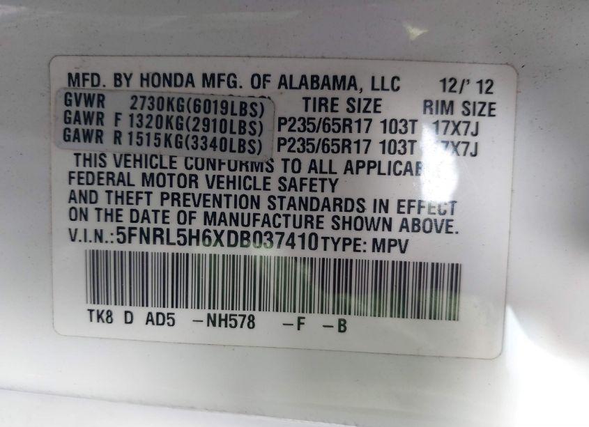 Photo 9 of 2013 Honda Odyssey EX-L (VIN 5FNRL5H6XDB037410)