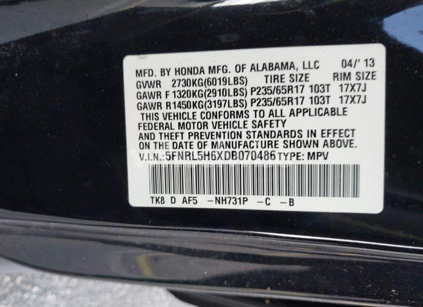 Photo 9 of 2013 Honda Odyssey EX-L (VIN 5FNRL5H6XDB070486)