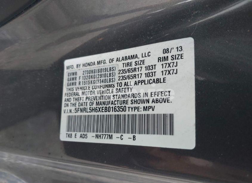 Photo 9 of 2014 Honda Odyssey EX-L (VIN 5FNRL5H6XEB016350)