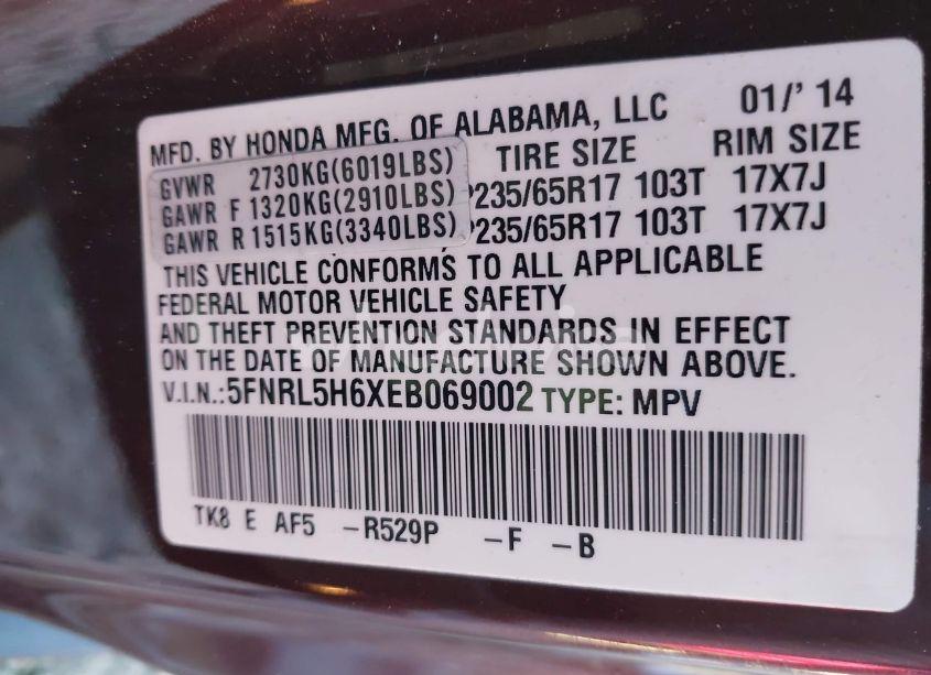 Photo 9 of 2014 Honda Odyssey EX-L (VIN 5FNRL5H6XEB069002)