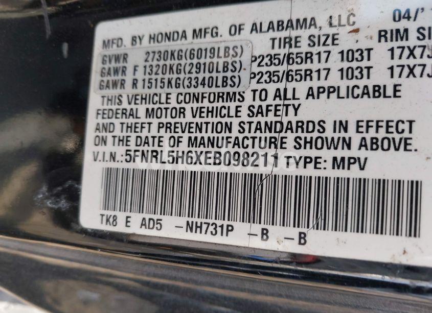 Photo 9 of 2014 Honda Odyssey EX-L (VIN 5FNRL5H6XEB098211)