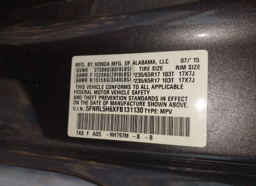 Photo 9 of 2015 Honda Odyssey EX-L (VIN 5FNRL5H6XFB131130)