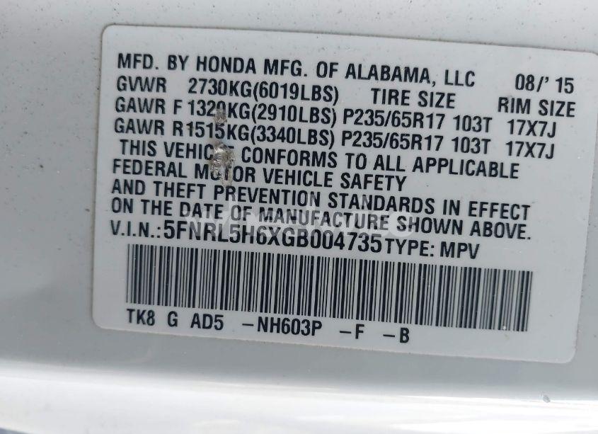 Photo 9 of 2016 Honda Odyssey EX-L (VIN 5FNRL5H6XGB004735)
