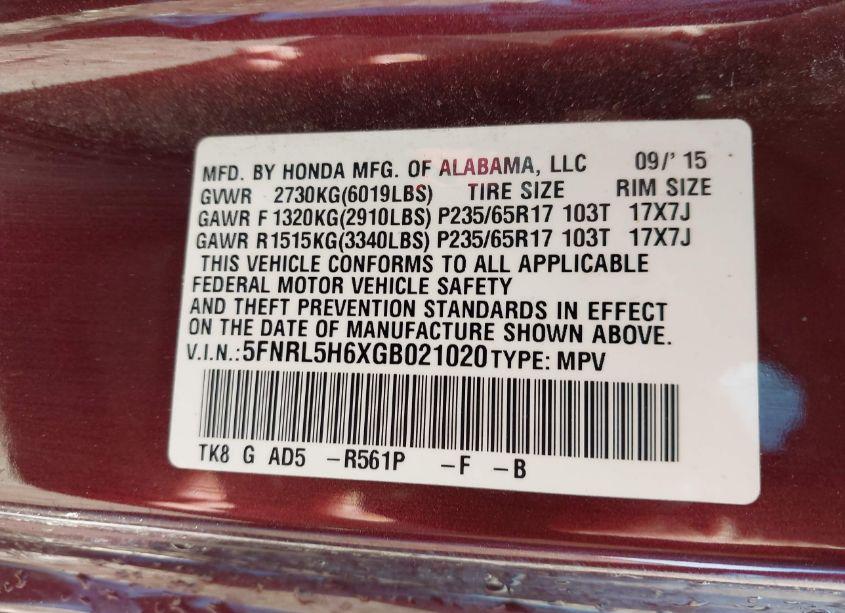 Photo 9 of 2016 Honda Odyssey EX-L (VIN 5FNRL5H6XGB021020)