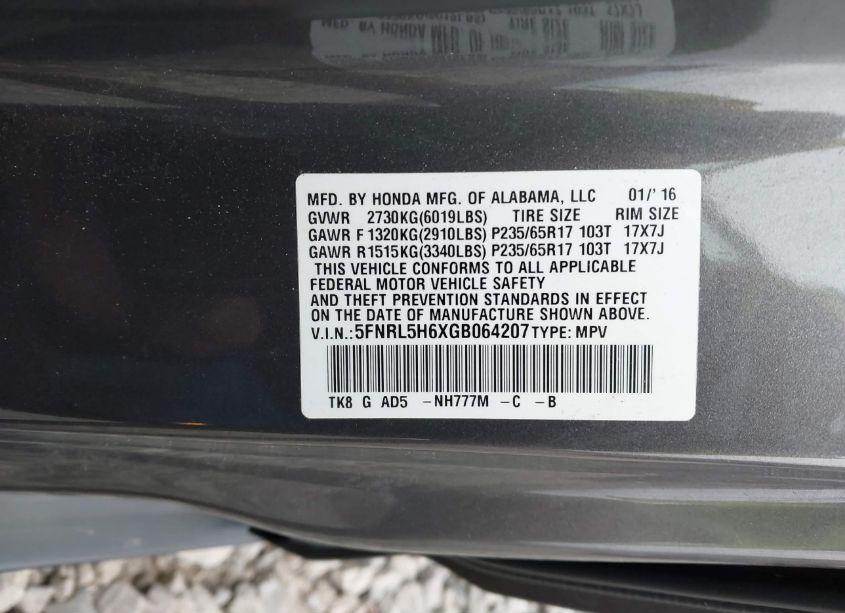 Photo 9 of 2016 Honda Odyssey EX-L (VIN 5FNRL5H6XGB064207)