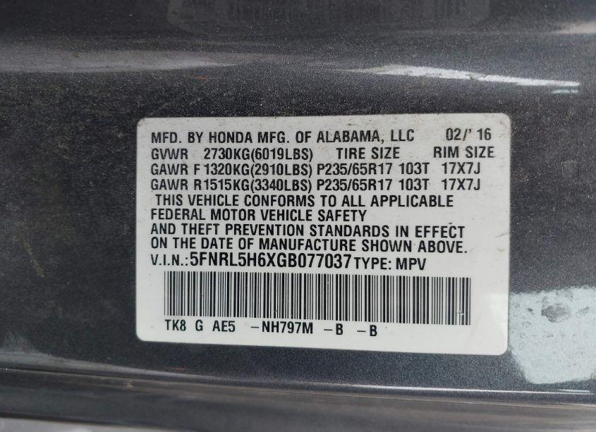 Photo 9 of 2016 Honda Odyssey EX-L (VIN 5FNRL5H6XGB077037)