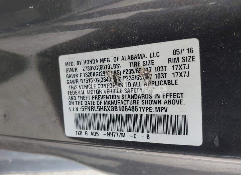 Photo 9 of 2016 Honda Odyssey EX-L (VIN 5FNRL5H6XGB106486)