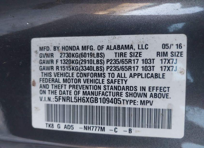 Photo 9 of 2016 Honda Odyssey EX-L (VIN 5FNRL5H6XGB109405)