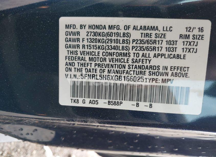 Photo 9 of 2016 Honda Odyssey EX-L (VIN 5FNRL5H6XGB166025)