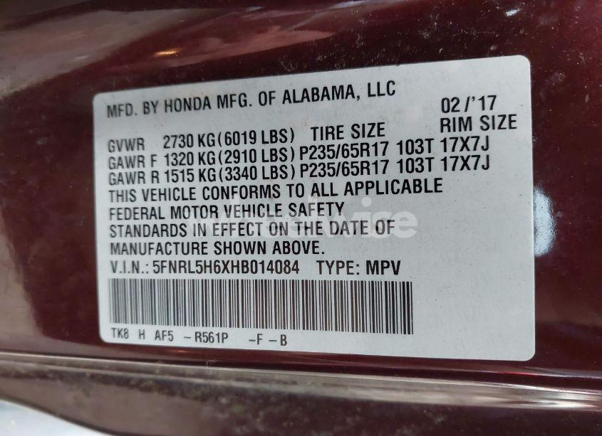 Photo 9 of 2017 Honda Odyssey EX-L (VIN 5FNRL5H6XHB014084)