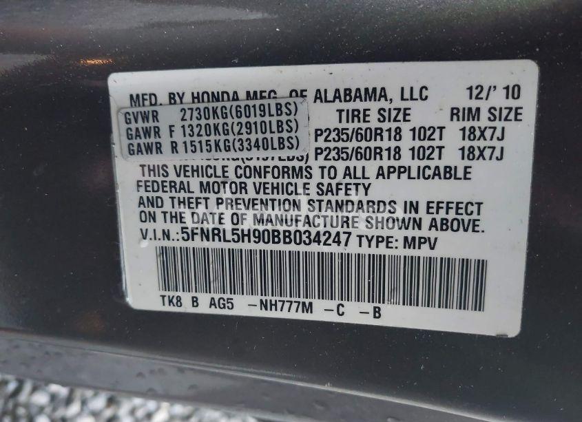 Photo 9 of 2011 Honda Odyssey TOURING/TOURING ELITE (VIN 5FNRL5H90BB034247)