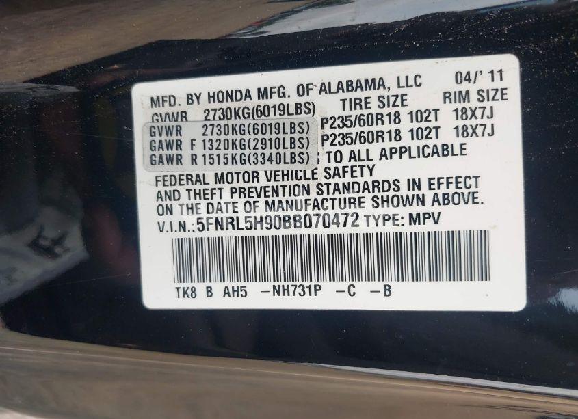 Photo 9 of 2011 Honda Odyssey TOURING/TOURING ELITE (VIN 5FNRL5H90BB070472)