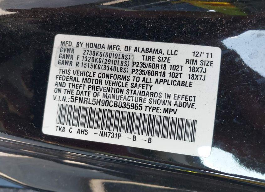 Photo 9 of 2012 Honda Odyssey TOURING/TOURING ELITE (VIN 5FNRL5H90CB035965)