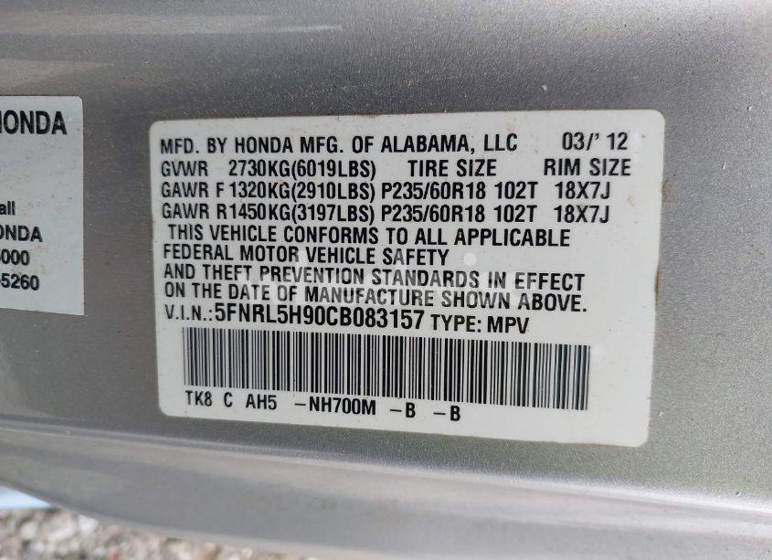 Photo 9 of 2012 Honda Odyssey TOURING/TOURING ELITE (VIN 5FNRL5H90CB083157)