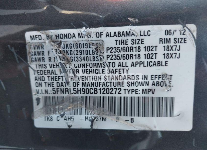 Photo 9 of 2012 Honda Odyssey TOURING/TOURING ELITE (VIN 5FNRL5H90CB120272)