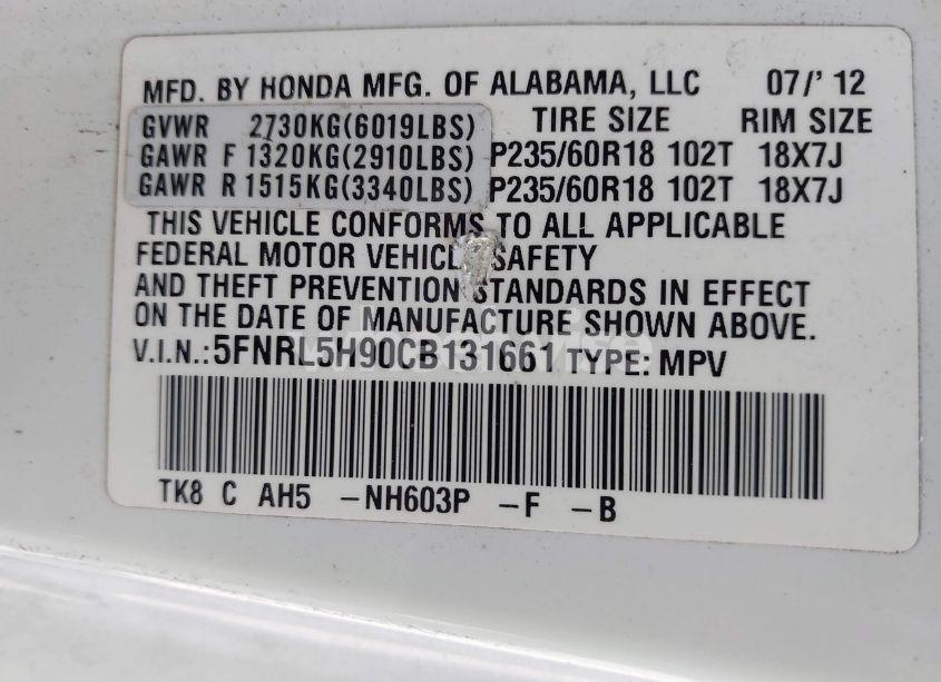 Photo 9 of 2012 Honda Odyssey TOURING/TOURING ELITE (VIN 5FNRL5H90CB131661)