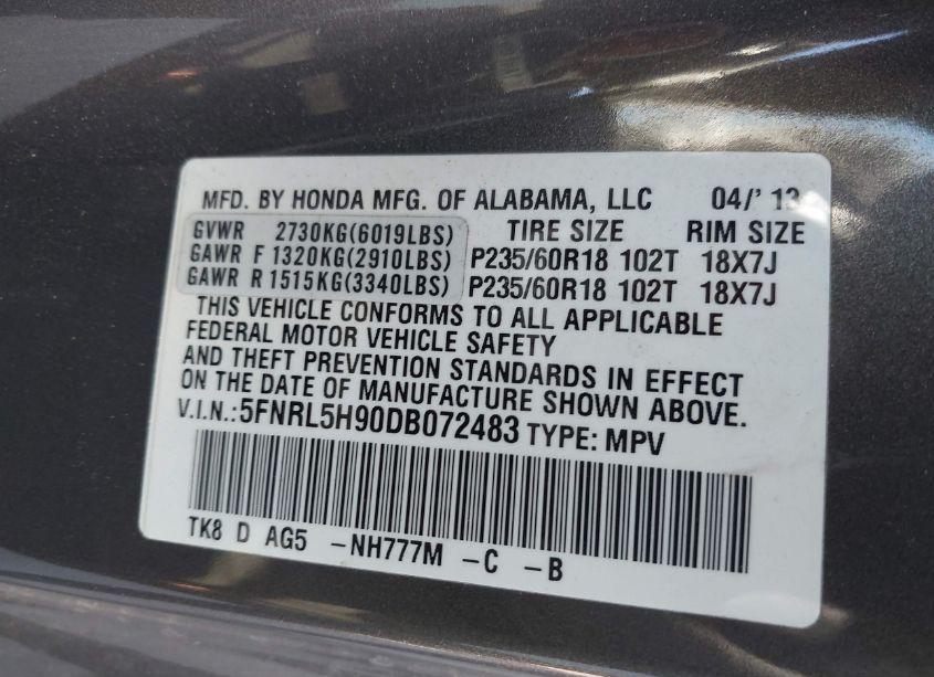 Photo 9 of 2013 Honda Odyssey TOURING/TOURING ELITE (VIN 5FNRL5H90DB072483)