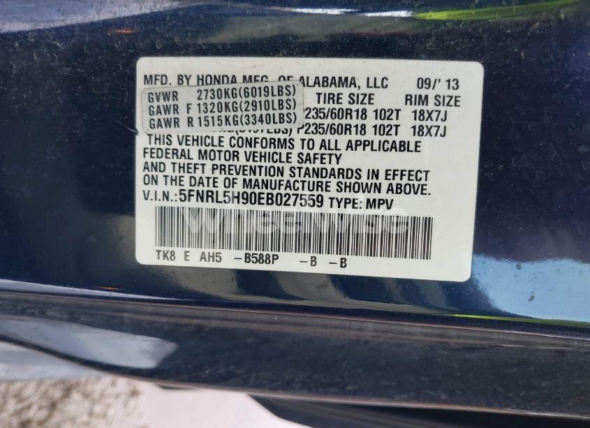 Photo 9 of 2014 Honda Odyssey TOURING/TOURING ELITE (VIN 5FNRL5H90EB027559)