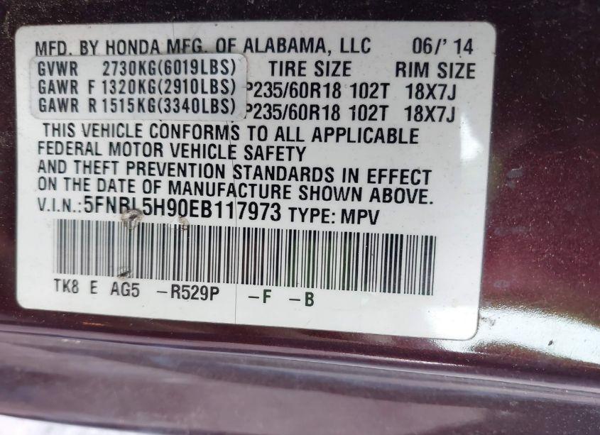 Photo 9 of 2014 Honda Odyssey TOURING/TOURING ELITE (VIN 5FNRL5H90EB117973)