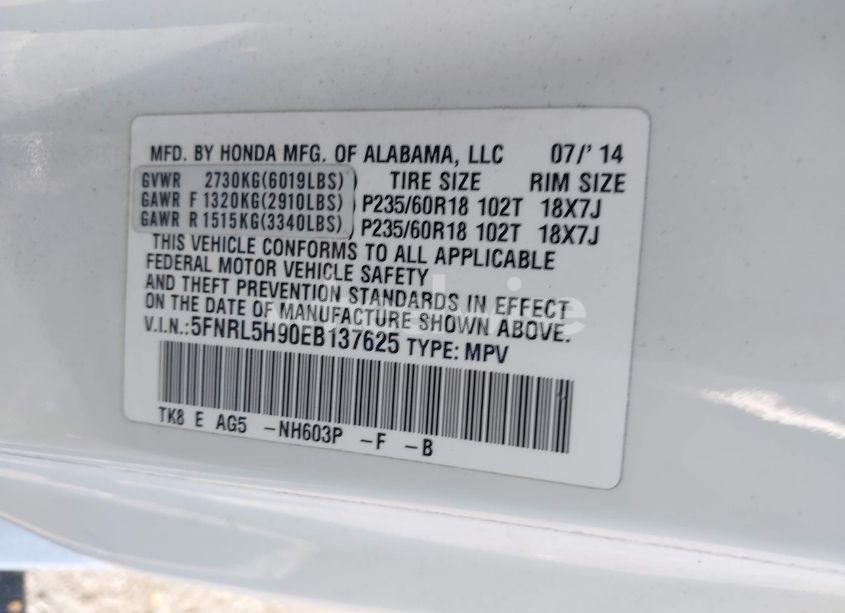 Photo 9 of 2014 Honda Odyssey TOURING/TOURING ELITE (VIN 5FNRL5H90EB137625)