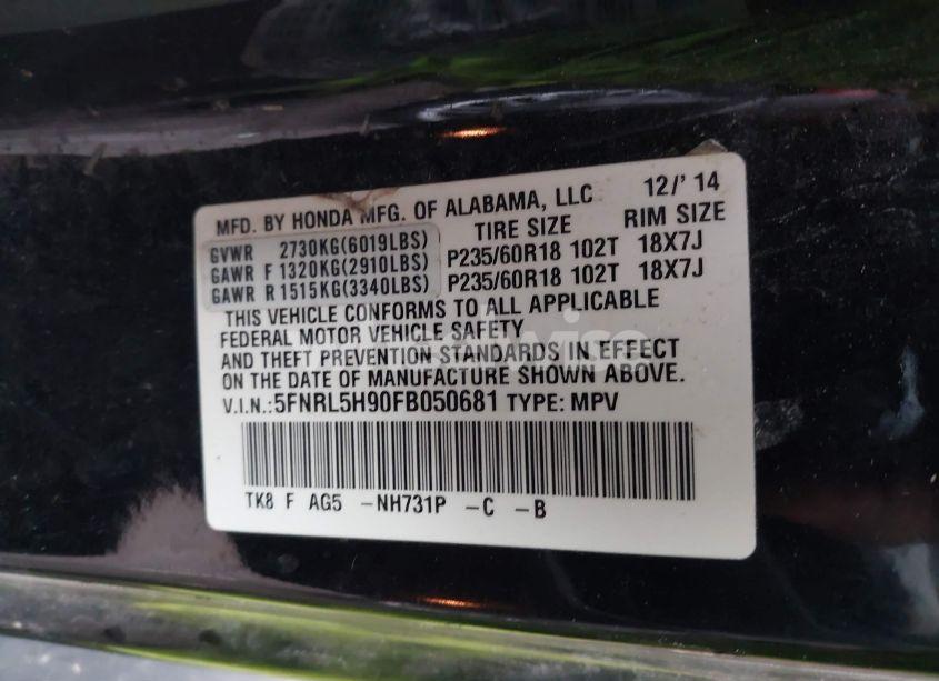 Photo 9 of 2015 Honda Odyssey TOURING/TOURING ELITE (VIN 5FNRL5H90FB050681)