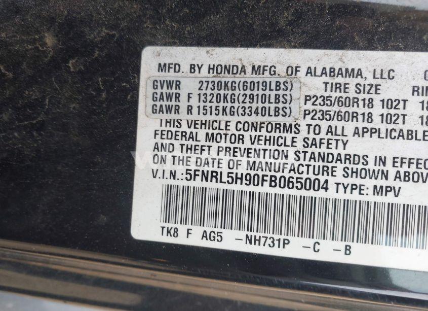 Photo 9 of 2015 Honda Odyssey TOURING/TOURING ELITE (VIN 5FNRL5H90FB065004)