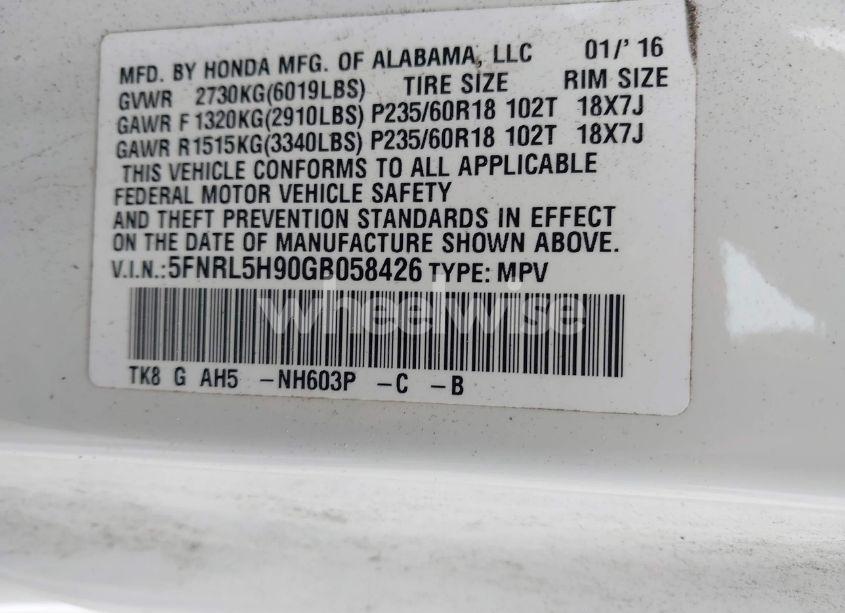 Photo 9 of 2016 Honda Odyssey TOURING/TOURING ELITE (VIN 5FNRL5H90GB058426)