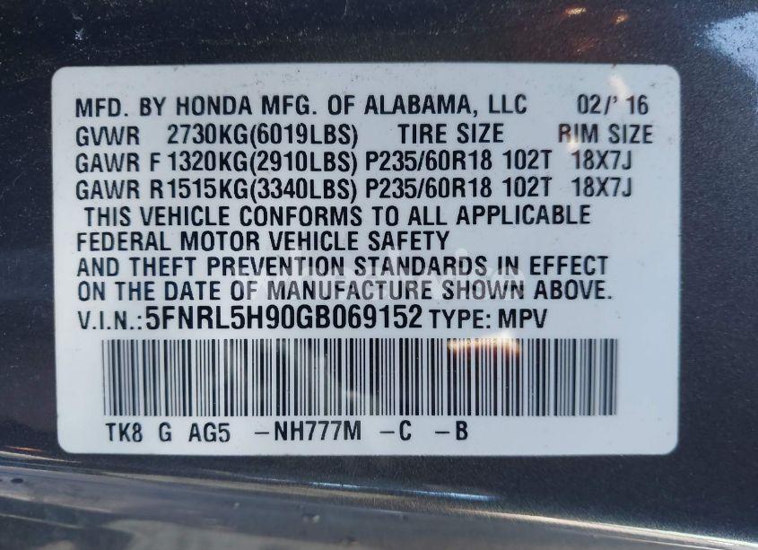 Photo 9 of 2016 Honda Odyssey TOURING/TOURING ELITE (VIN 5FNRL5H90GB069152)