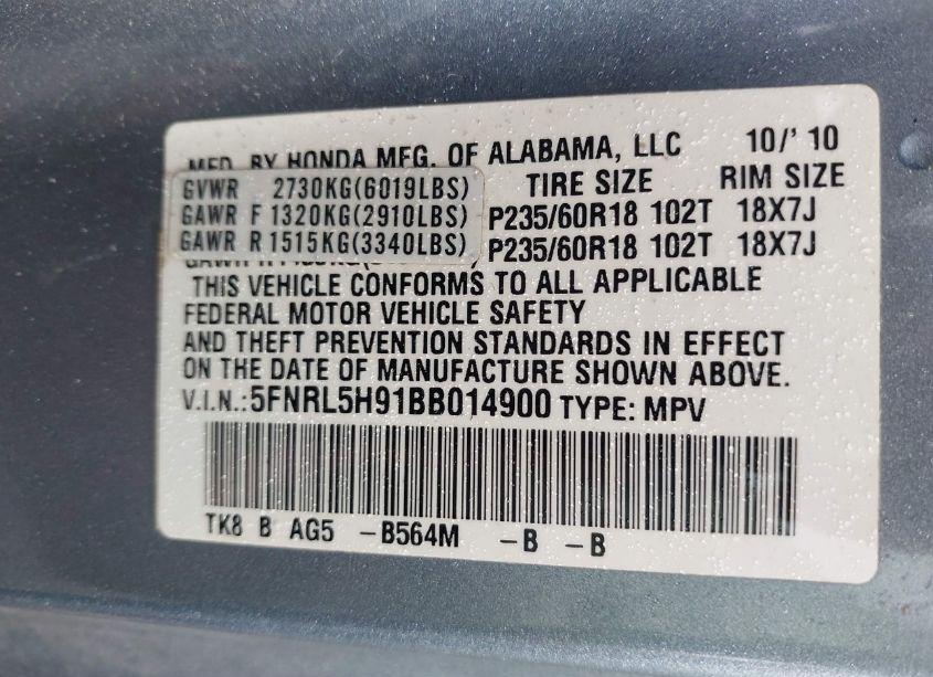 Photo 9 of 2011 Honda Odyssey TOURING/TOURING ELITE (VIN 5FNRL5H91BB014900)