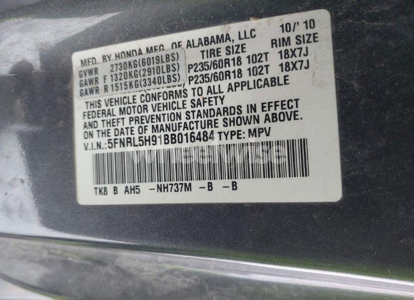 Photo 9 of 2011 Honda Odyssey TOURING/TOURING ELITE (VIN 5FNRL5H91BB016484)